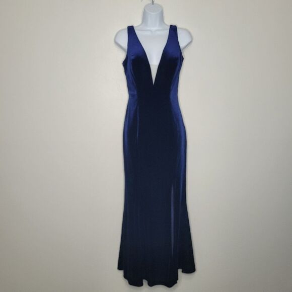 Y2k navy blue elegant velvet cross strap back slit deep v prom special occasion - Picture 1 of 6